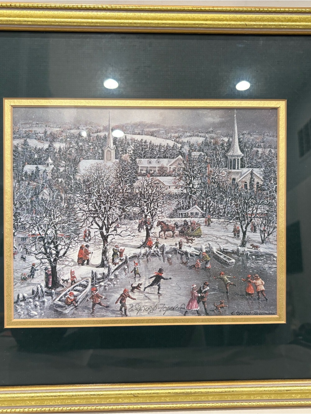 E. Grosse Teuchmann Signed Framed Print Winter Village Ice Skating